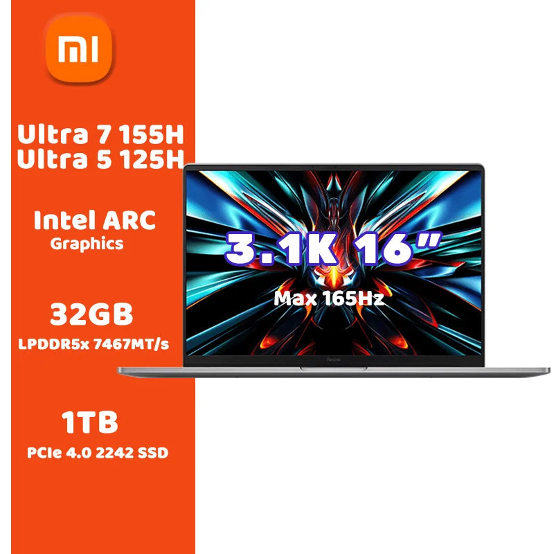 New Xiaomi Redmi Book Pro 16 2024 Laptop Intel Core Ultra 7 155H/5 125H NoteBook 32G DDR5+1TB SSD 16" 3.1K 165Hz Screen PC